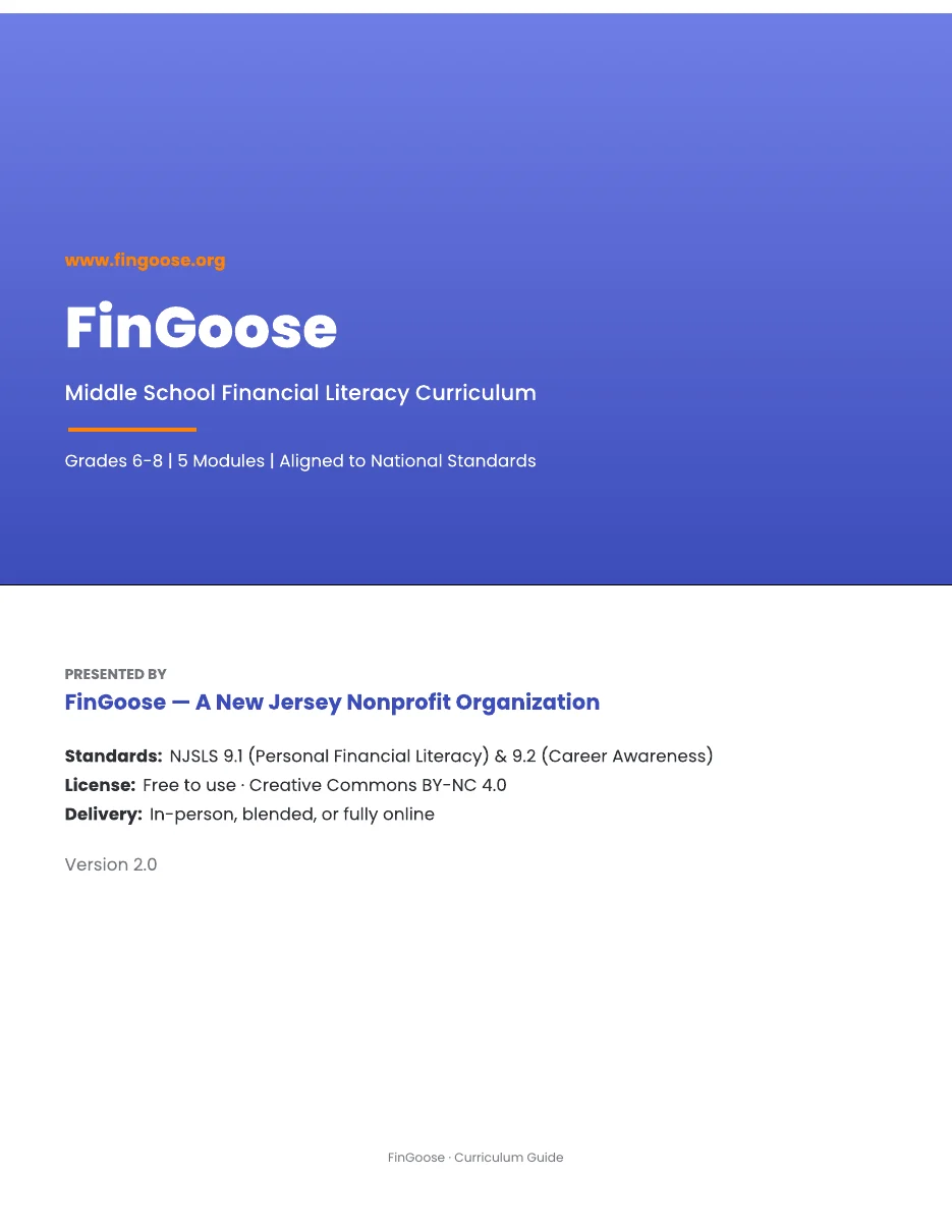 Cover of the FinGoose Middle School Financial Literacy Curriculum