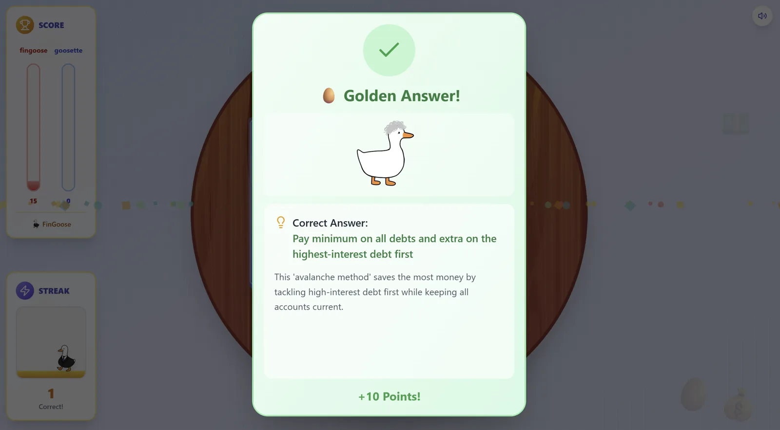 A correct answer card in the FinGoose card game