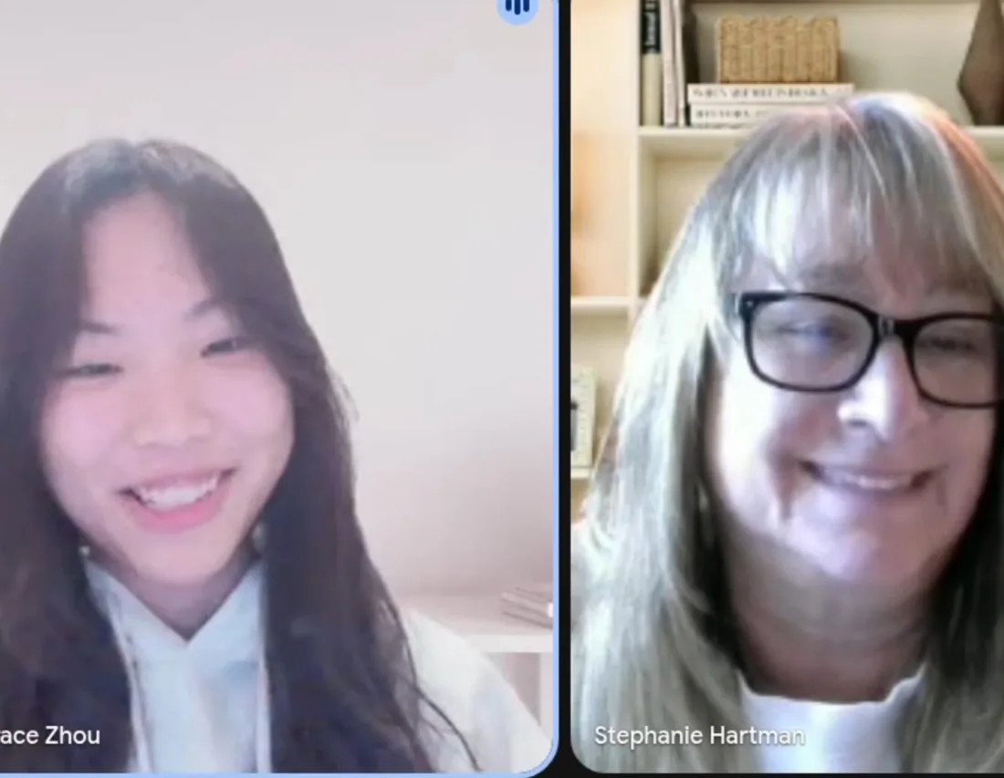 Grace Zhou on a video call with Stephanie Hartman of the Colorado Department of Education