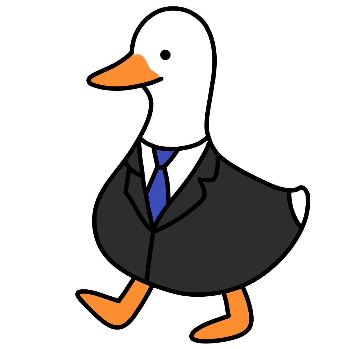 Finn, the FinGoose mascot, walking in a suit and tie